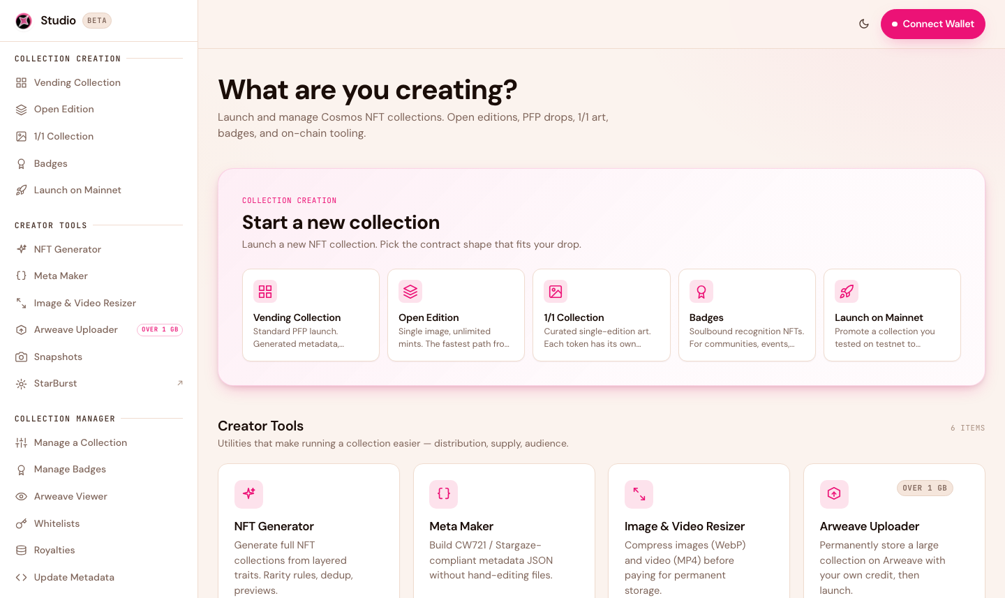 Stargaze Studio 2.0 home screen